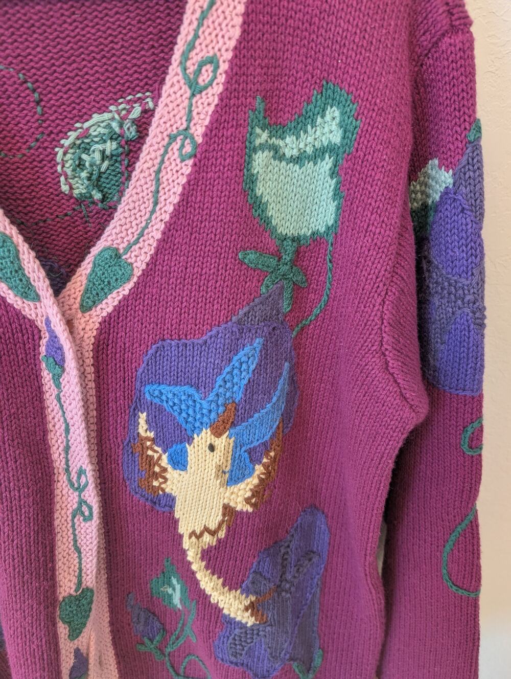 Vtg Handknits by Storybook Knit Sweater Hummingbird Print Cottagecore L